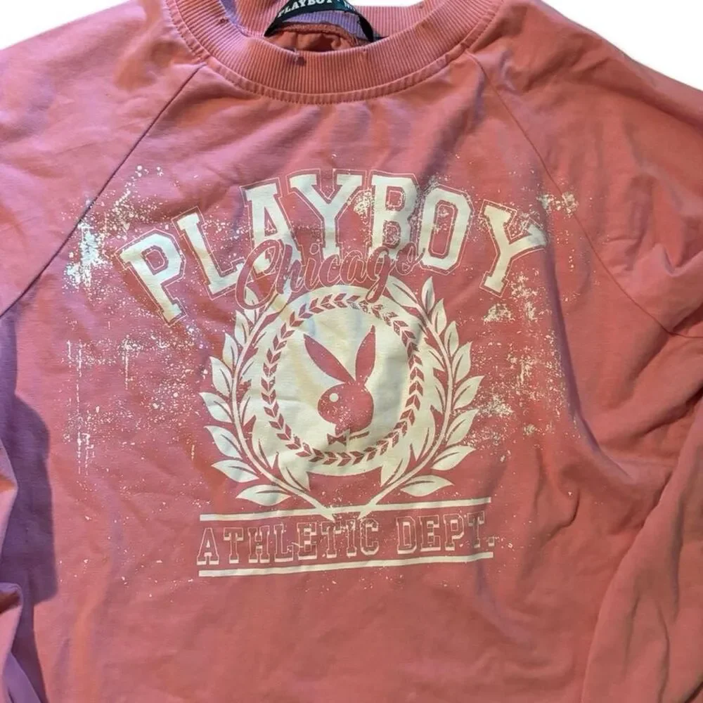 Missguided x Playboy Pink Varsity Cropped Long Sleeve Top Medium